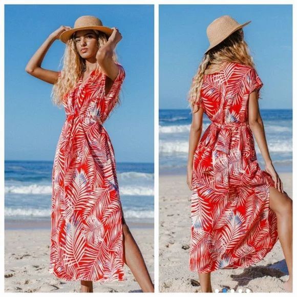 Cupshe Dresses Cupshe Emmy Leaf Red Cream Blue Satin Faux Wrap